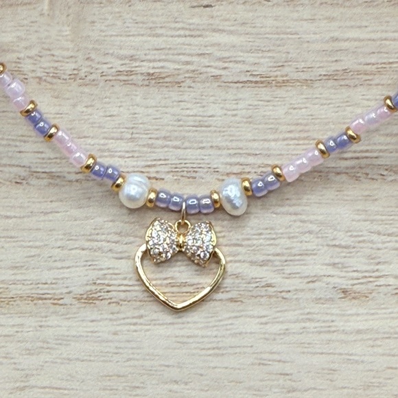 Blushing Bow Heart Necklace **Waterproof* - Picture 4 of 6
